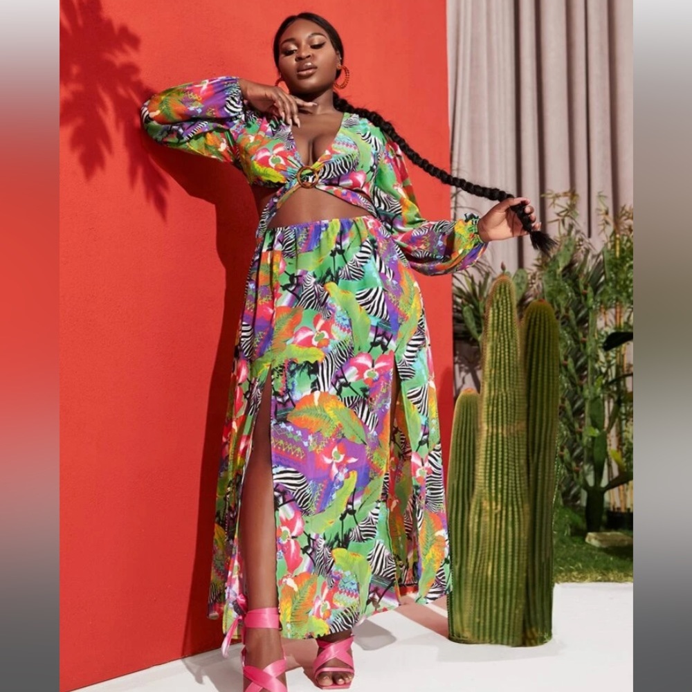 SHEIN SXY Plus Tropical Print M-Slit Hem Dress